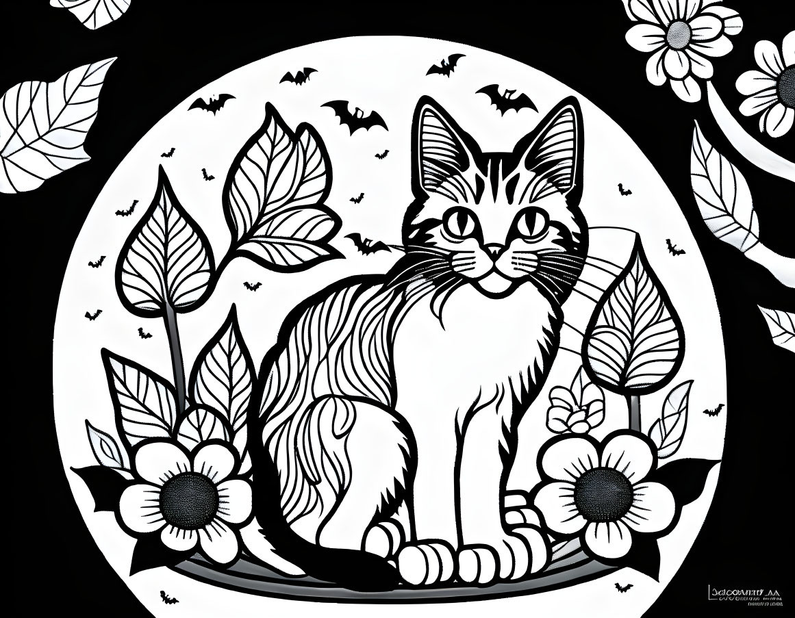 Monochromatic cat illustration with floral patterns in oval frame