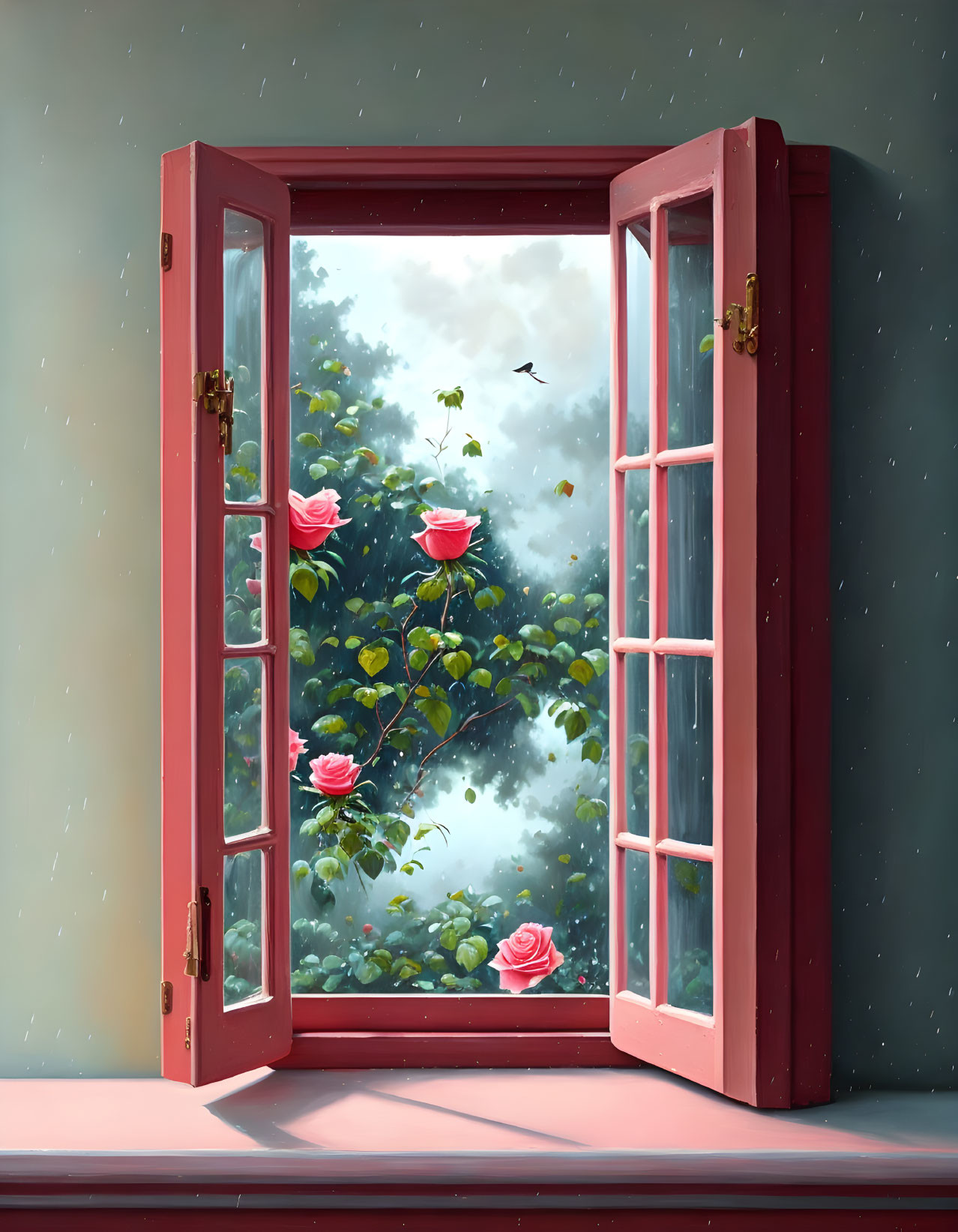 Red window frame displays serene garden scene with roses, greenery, and flying bird.