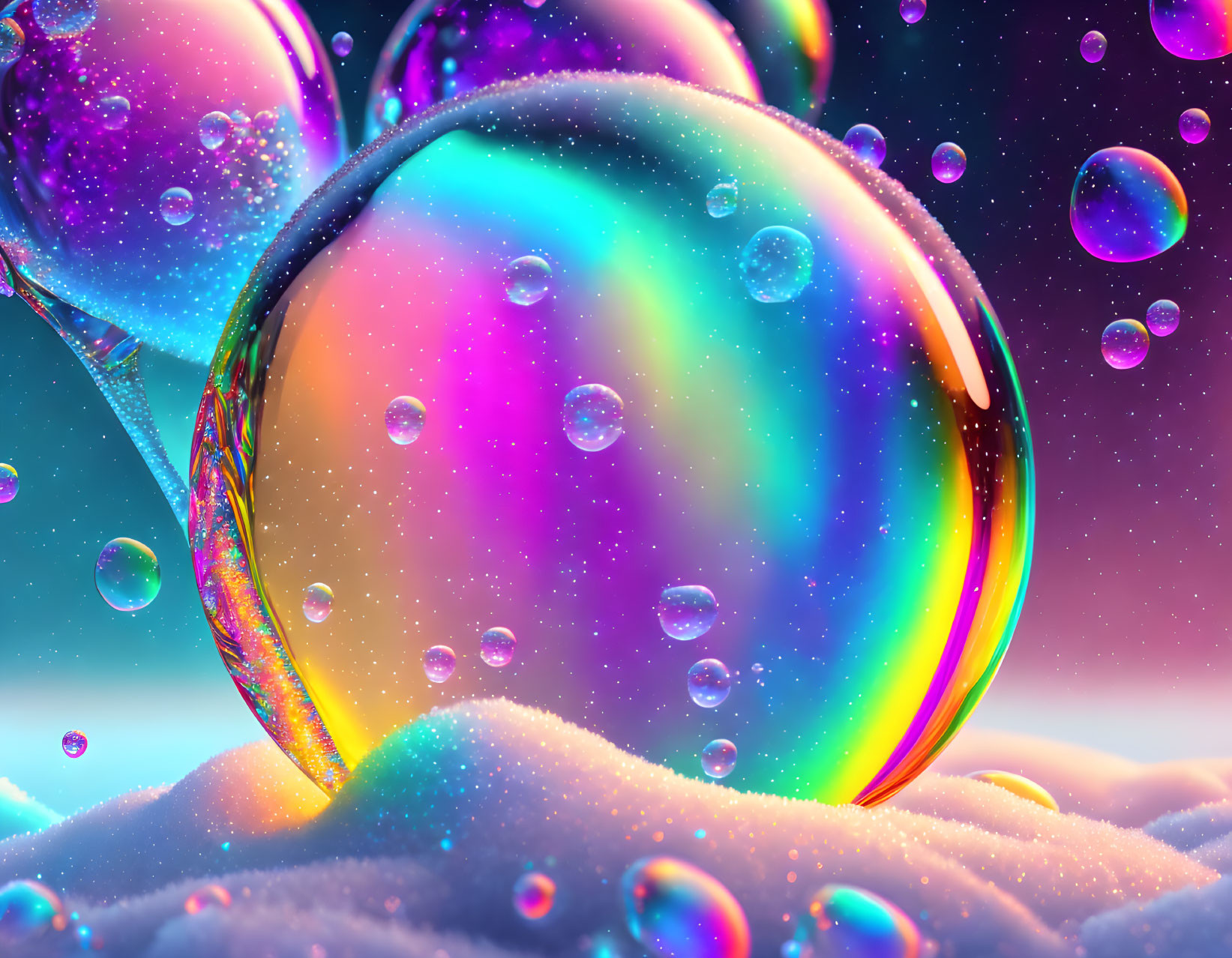 Vibrant soap bubbles on white foam against colorful backdrop