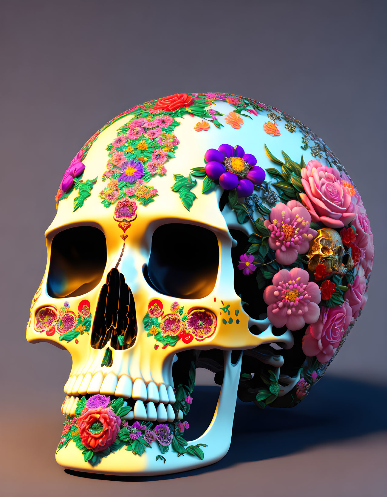 Colorful Floral Pattern on Three-Dimensional Human Skull on Gradient Background