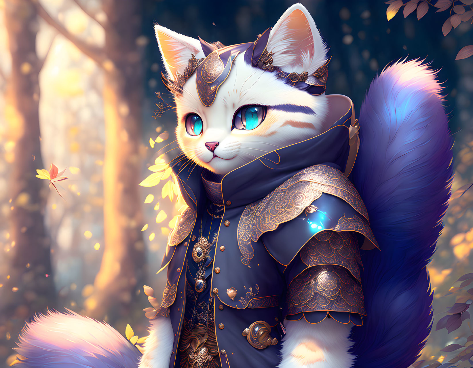 Detailed anthropomorphic cat in ornate armor with forest background