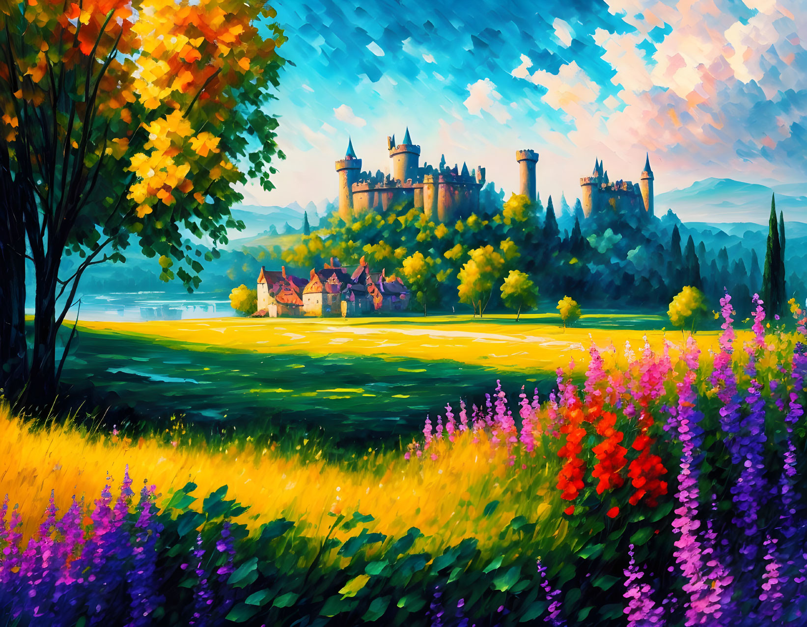 Colorful castle painting in autumn scenery with meadow and flowers.