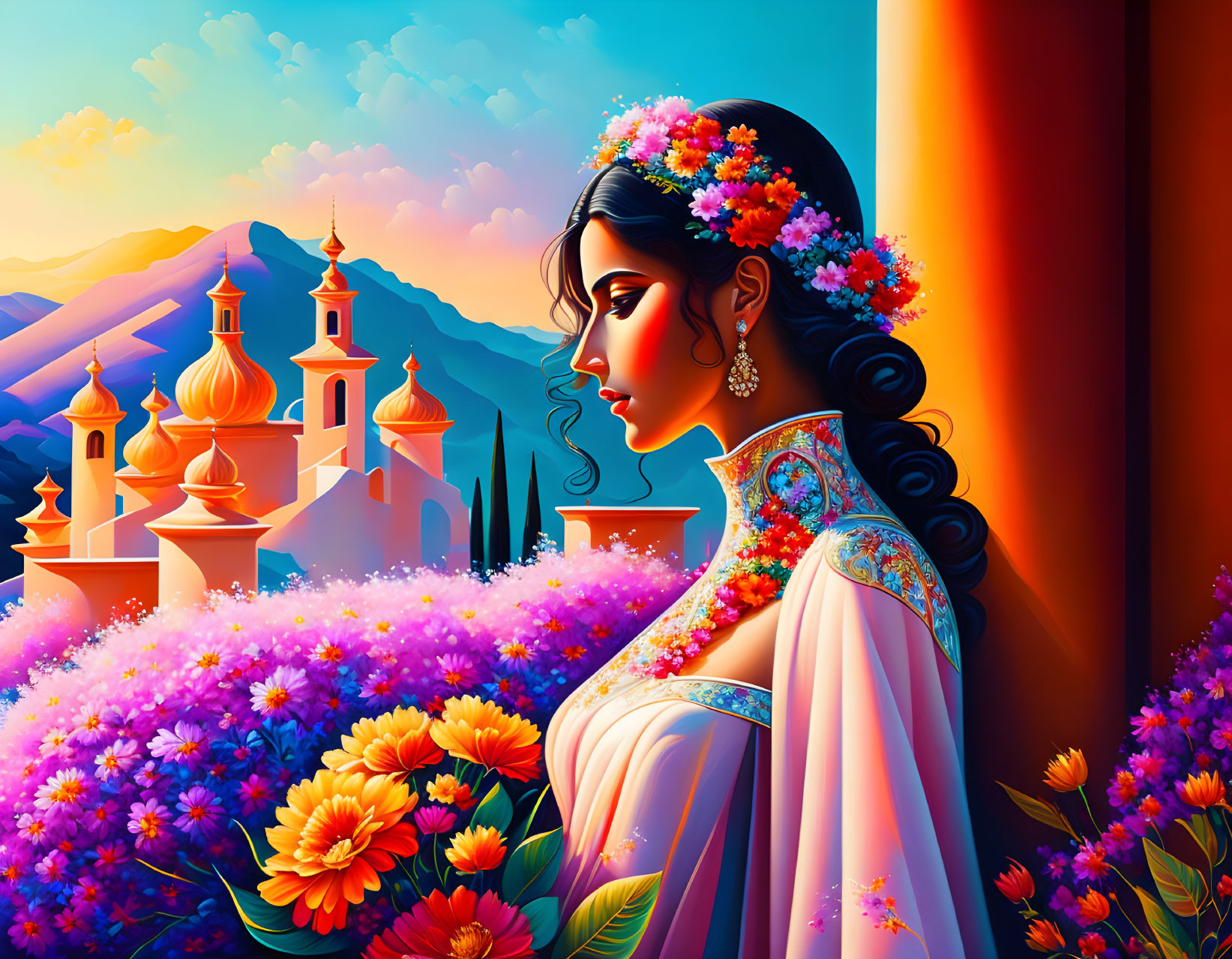 Colorful profile portrait of a woman with floral hair adornments and church background