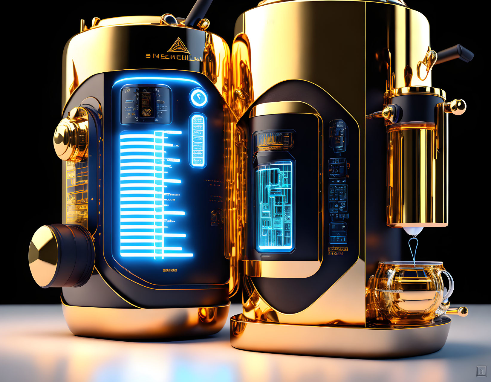 Golden Espresso Machine with Blue Illuminated Displays & Intricate Mechanical Design