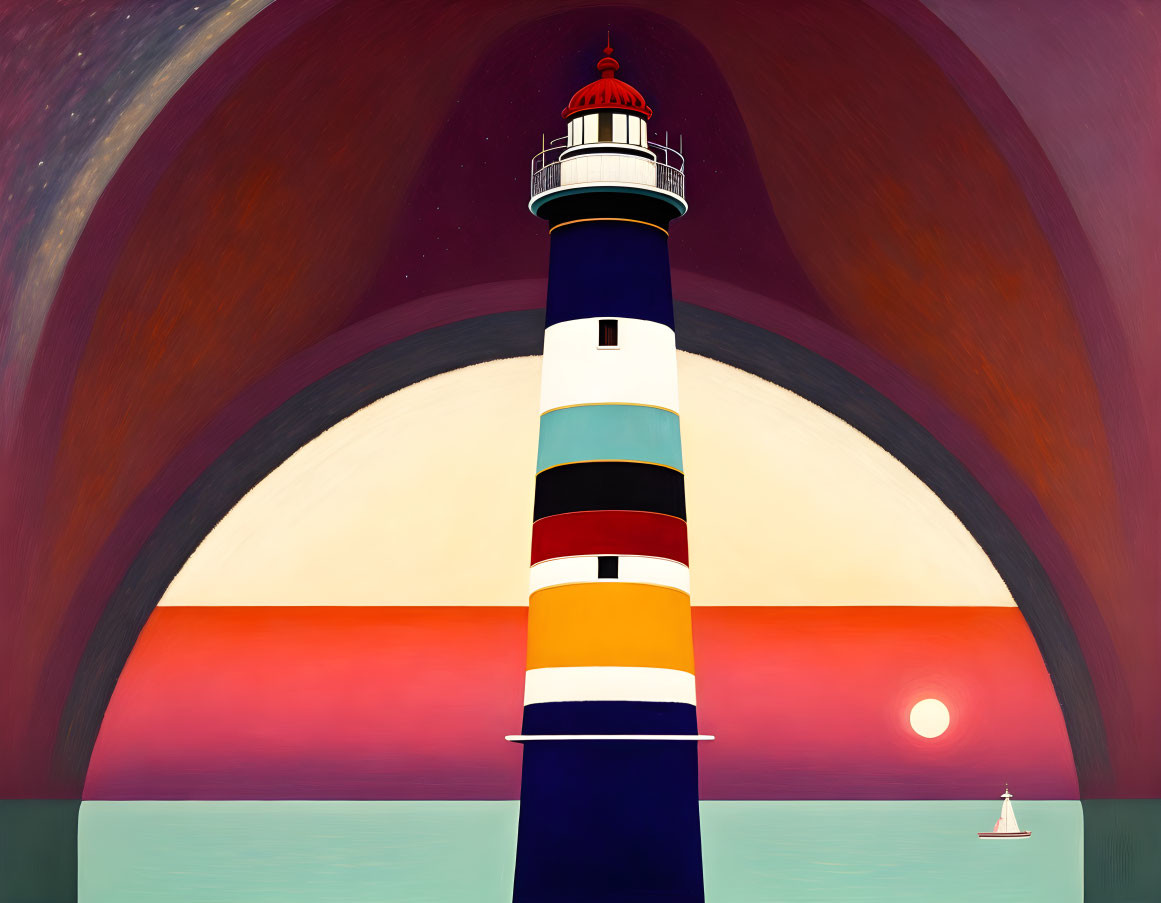 Vibrant sunset painting: lighthouse, stars, sailboat