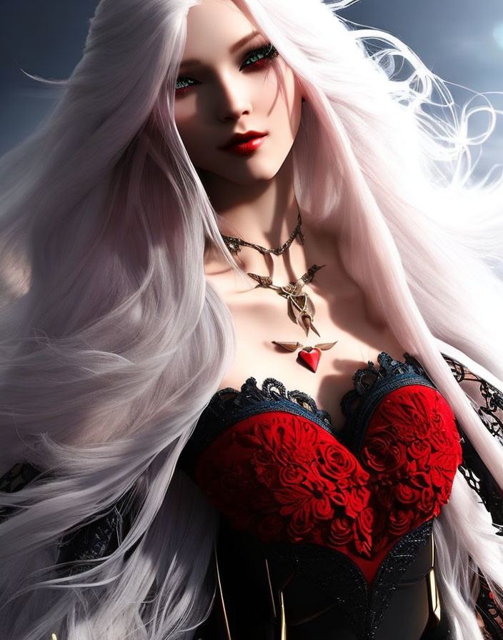 Ethereal character with silver hair, emerald eyes, in black and red corset with lace