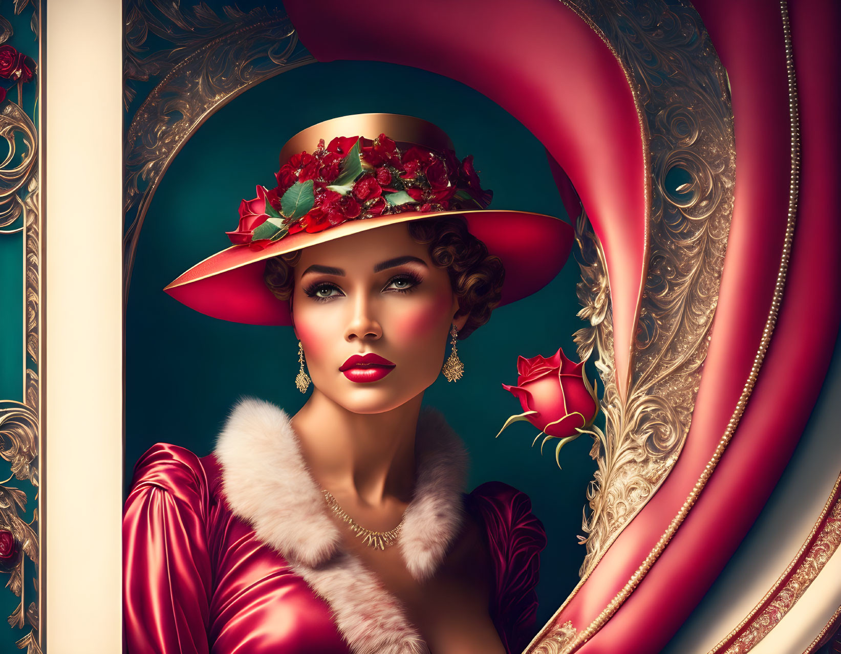 Digital artwork: Woman in stylish hat with flowers, red dress, fur collar, holding a rose,