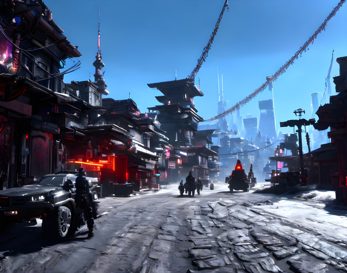 Futuristic cityscape with Asian-style buildings, neon signs, hovering car, and pedestrians