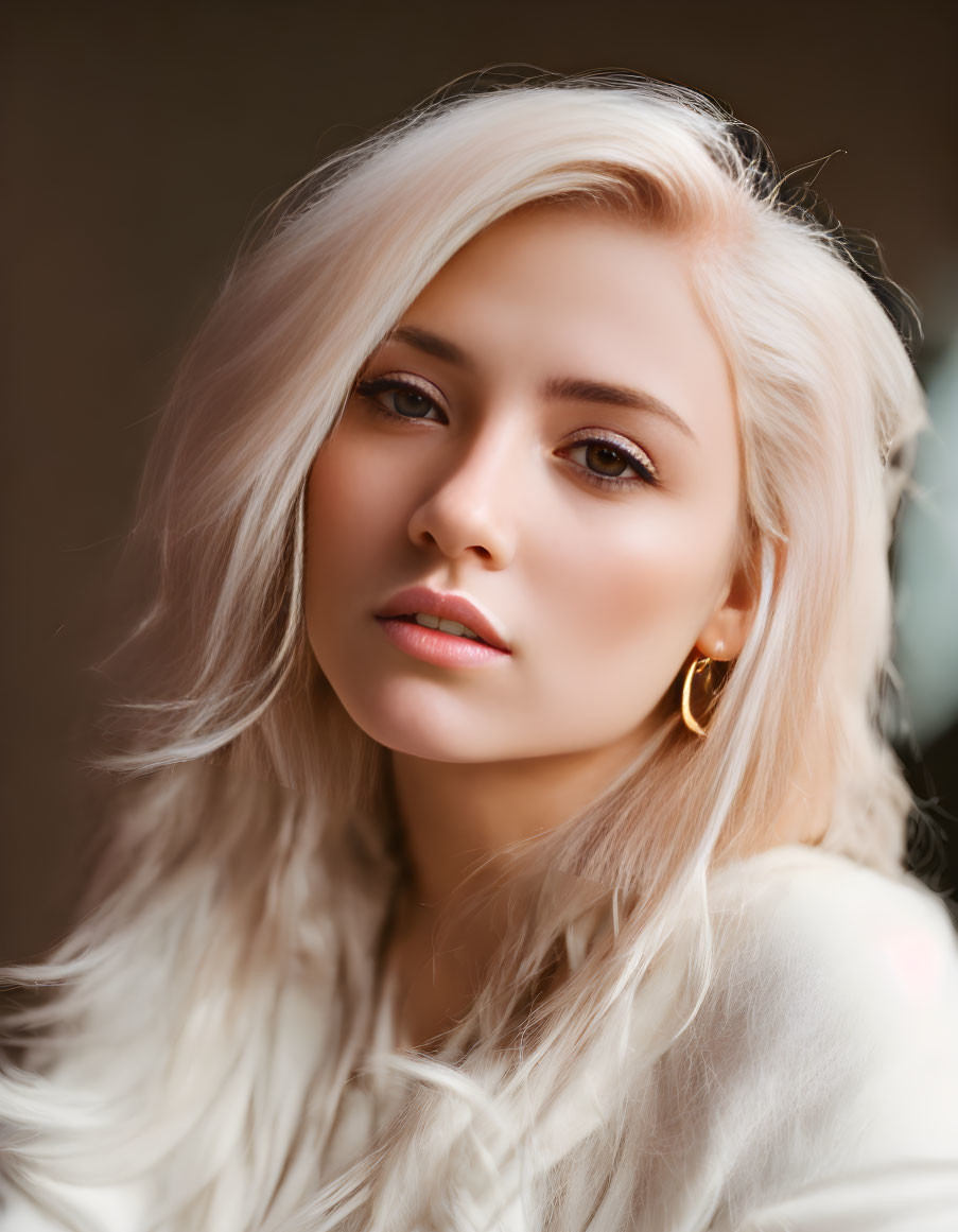 Platinum blonde hair portrait with golden hoop earrings