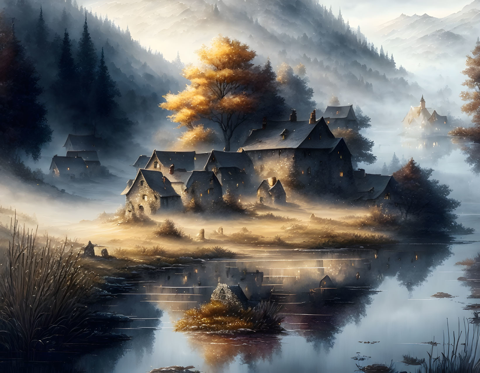 Autumnal riverside scene with stone houses, trees, and misty mountains