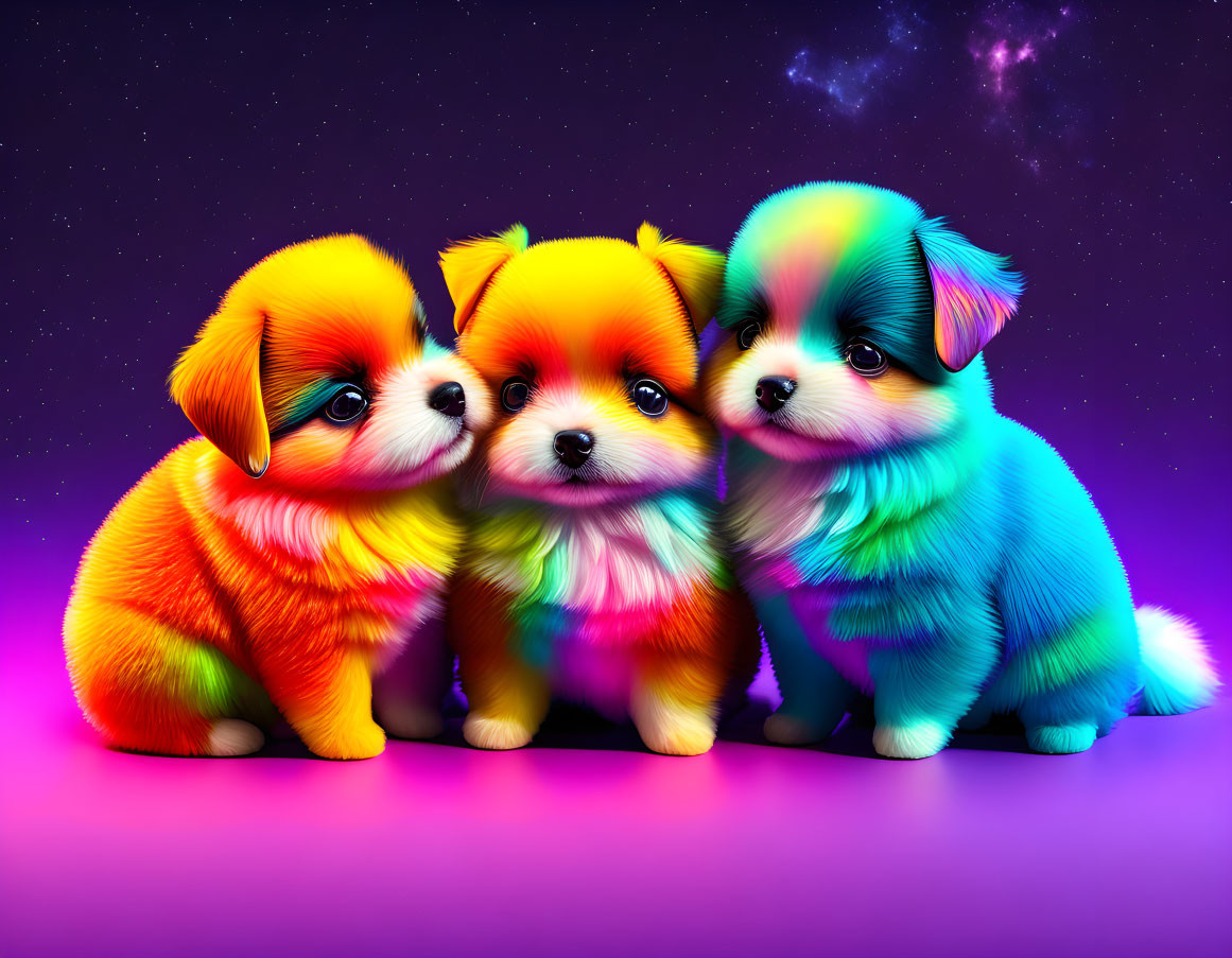 Colorful Neon Glow Puppies on Purple Starry Background