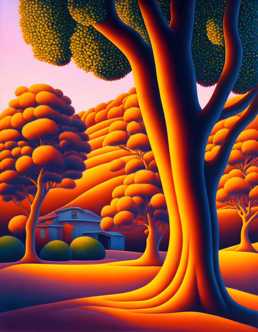 Colorful stylized landscape with oversized rounded trees and small house under warm sunset glow