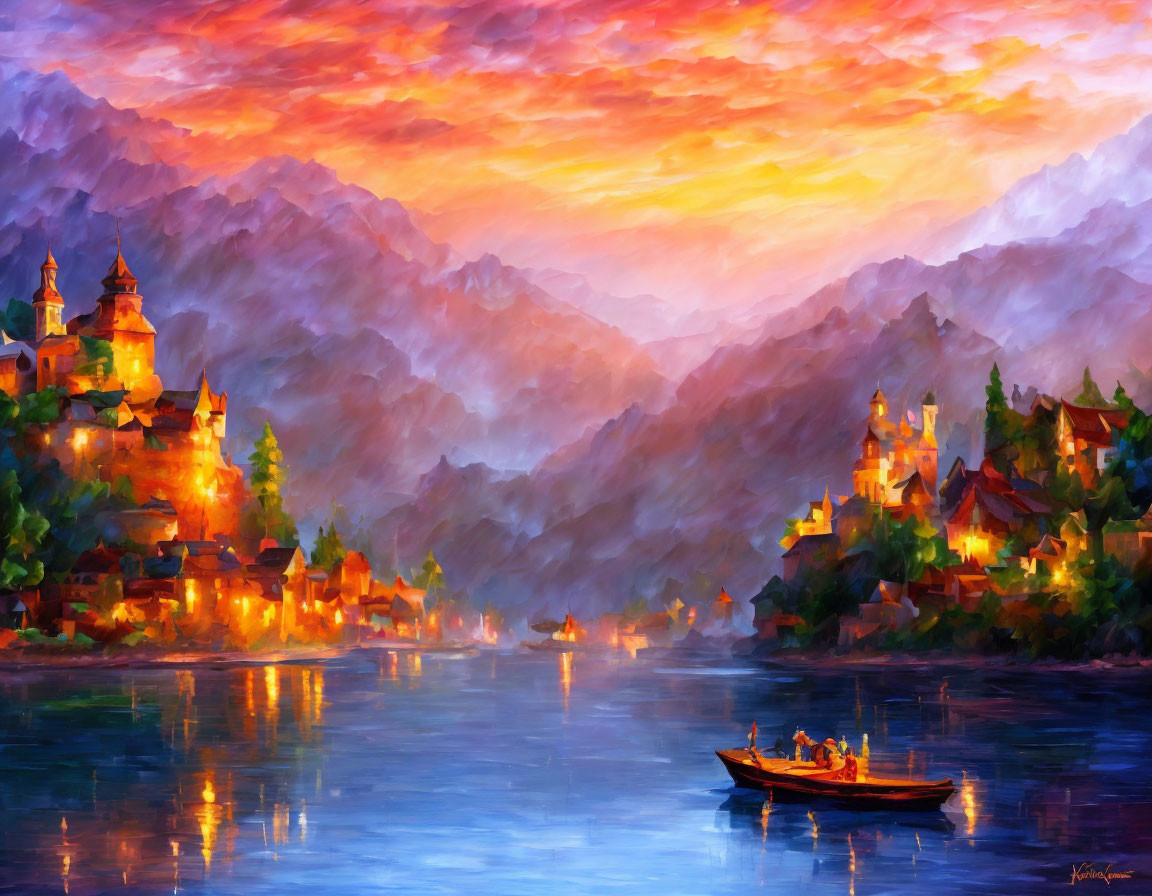 Scenic lakeside village painting at sunset with warm lights and boat