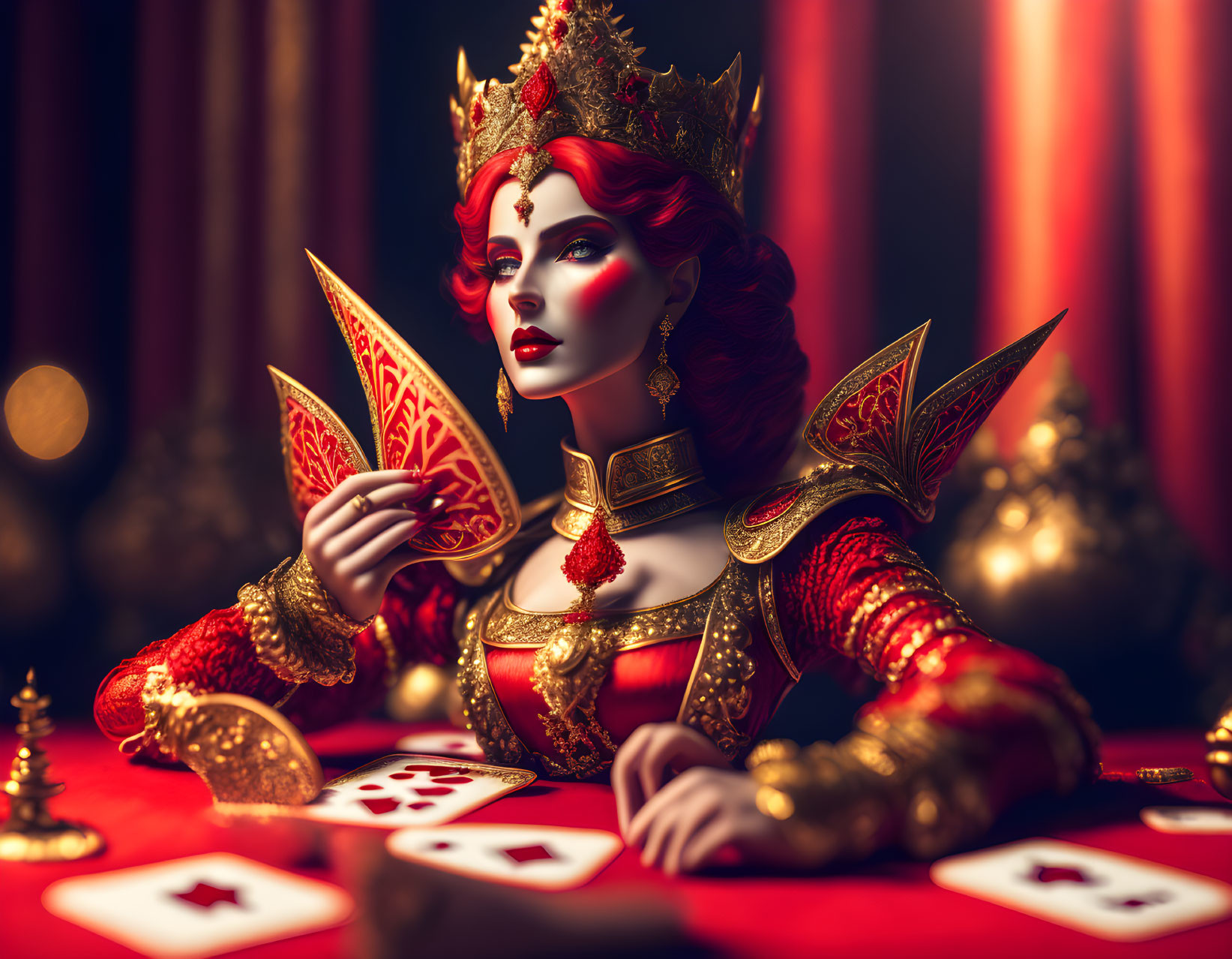 Regal queen in red and gold attire with crown and playing cards on blurred stage.