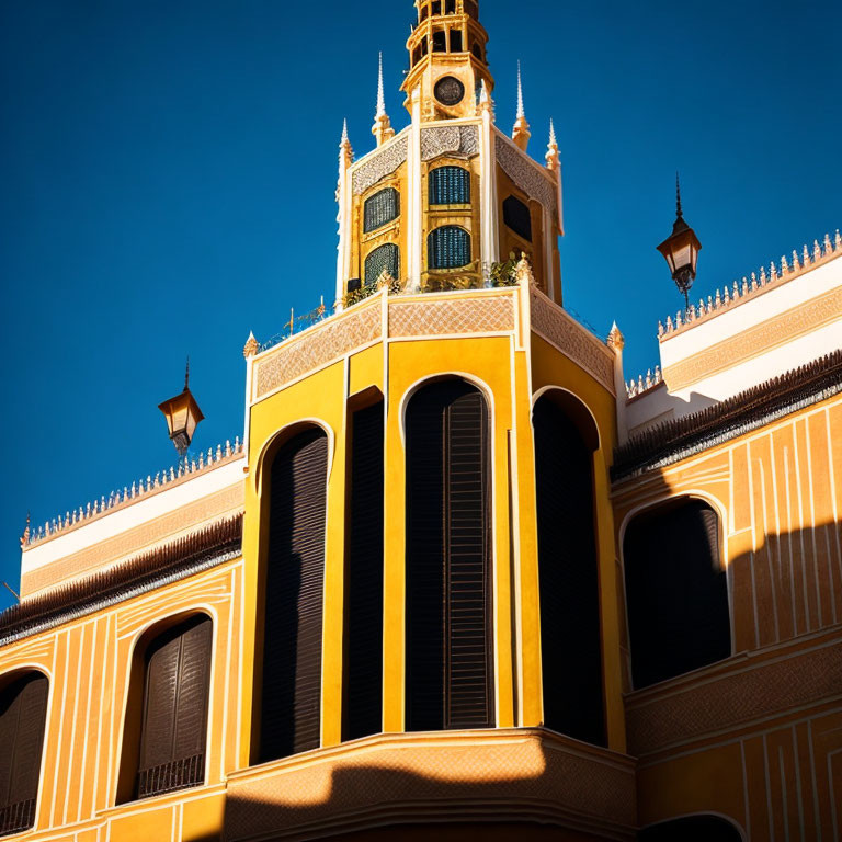 Gothic-style yellow building with ornate tower and arched windows