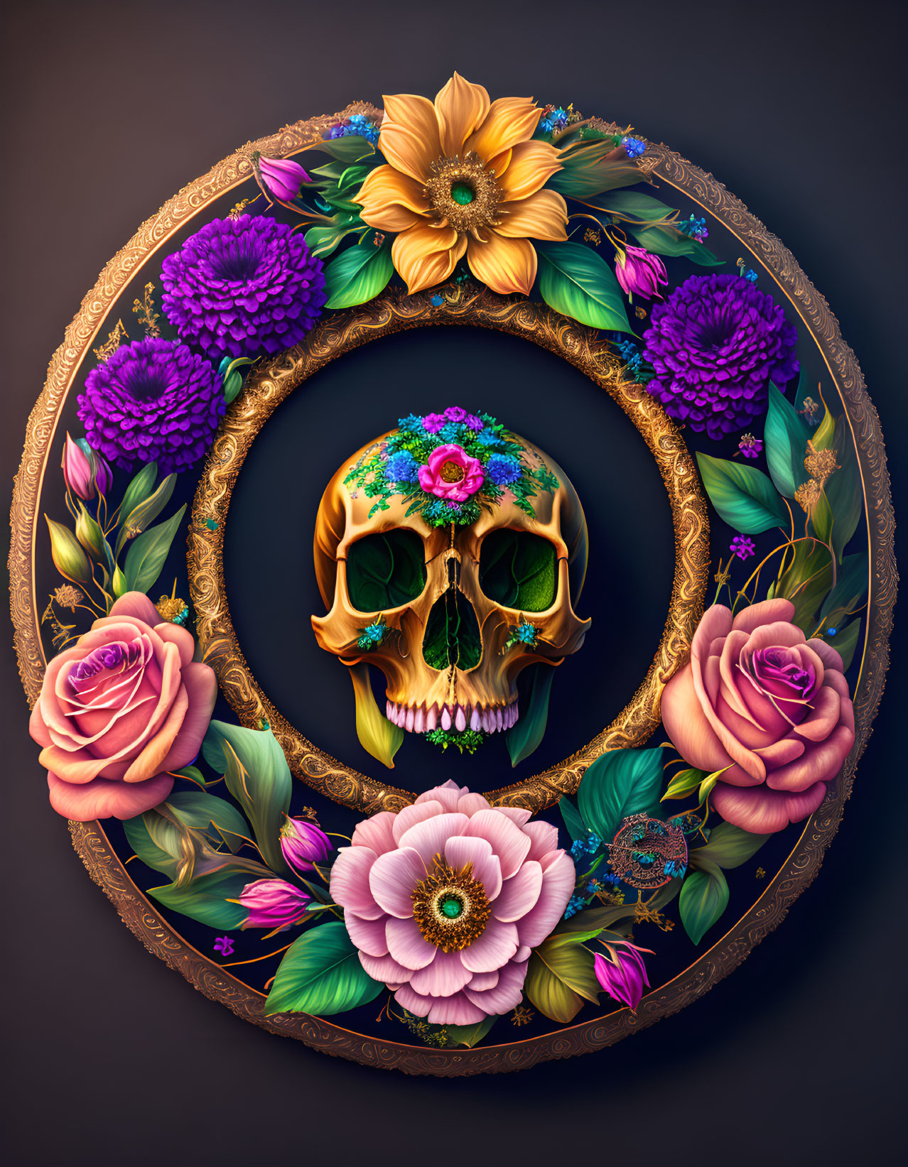 Floral-patterned skull in ornate circular frame with vibrant flowers