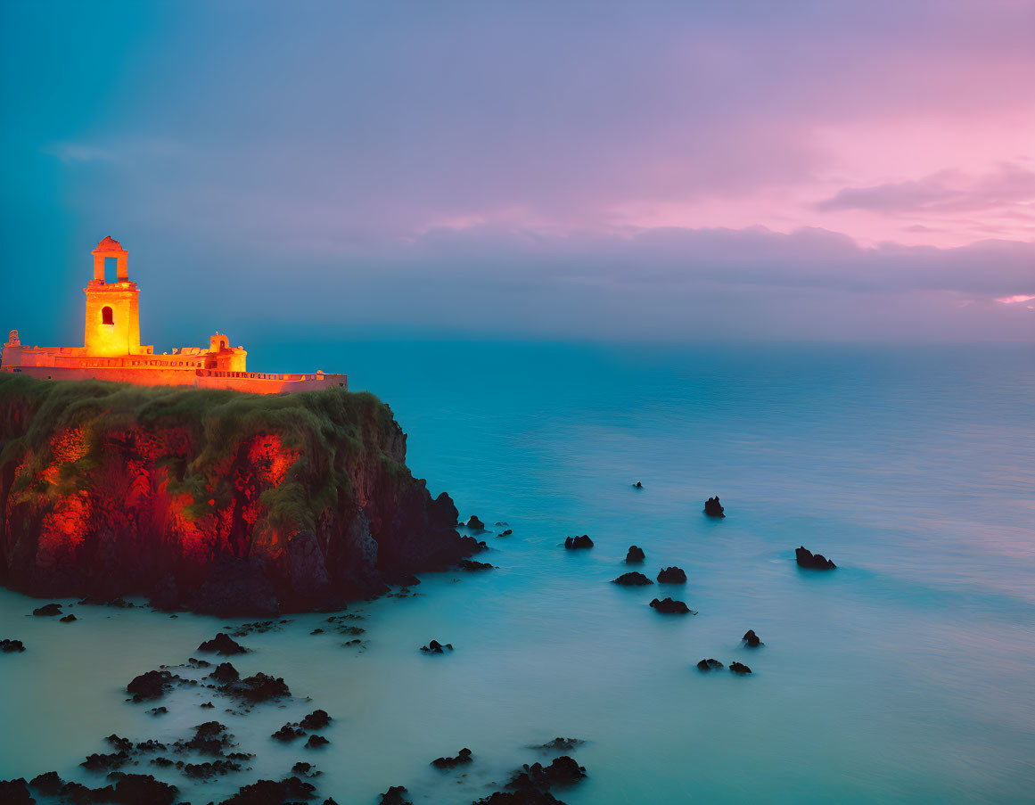 Tranquil coastal dusk scene with lighthouse on lush cliff