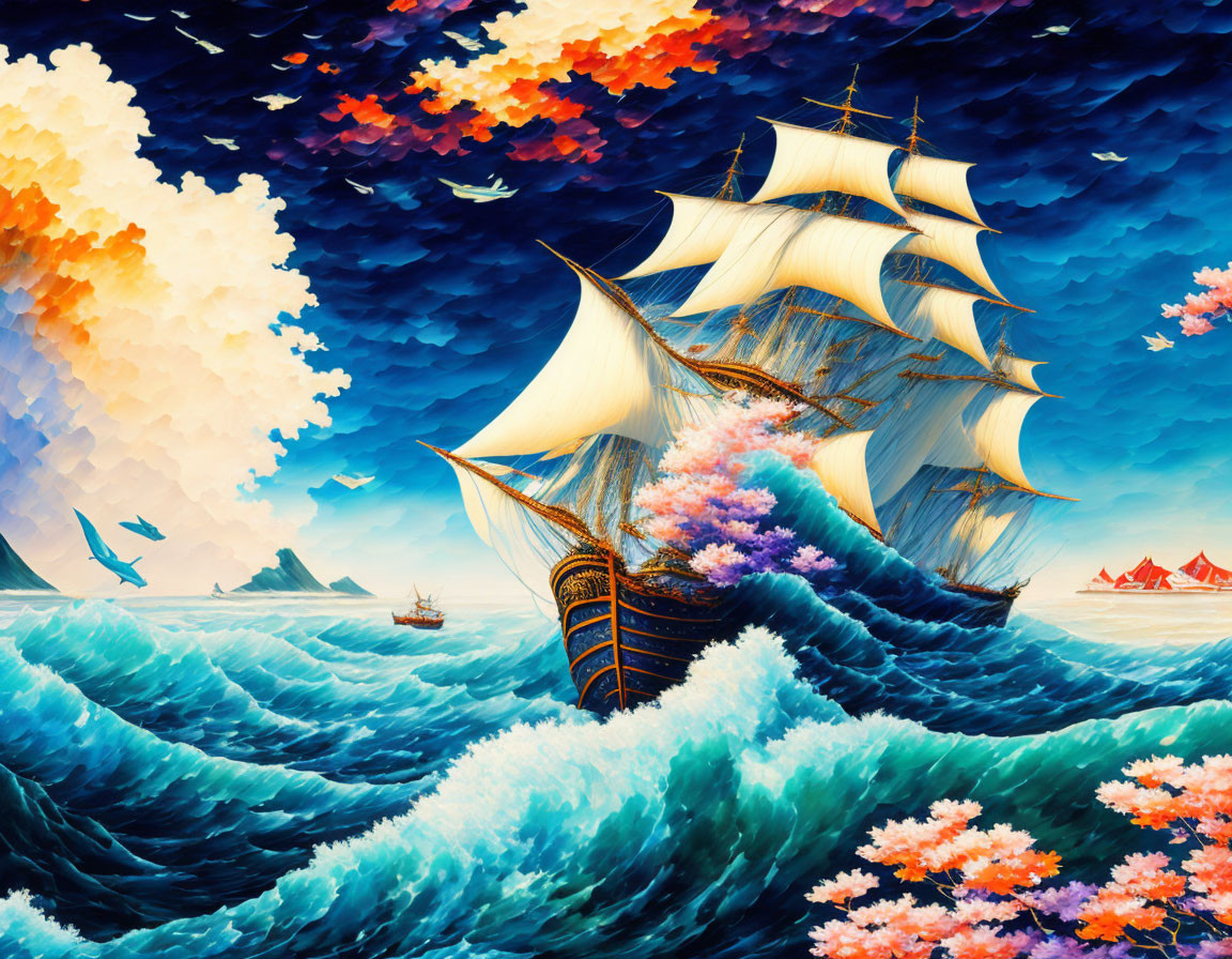 Colorful painting of sailing ship in stormy seas with surreal sky