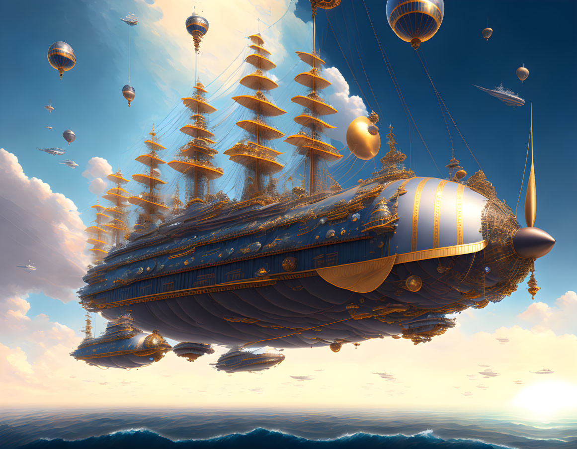 Fantastical flying ship with golden sails and airships in fluffy cloud backdrop