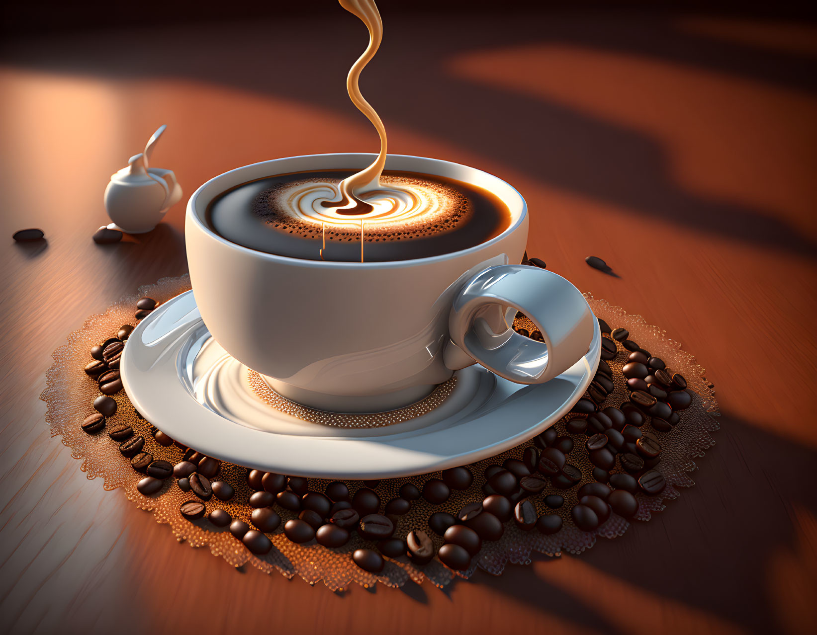 Steaming coffee cup with heart pattern, coffee beans, lace coaster, and creamer