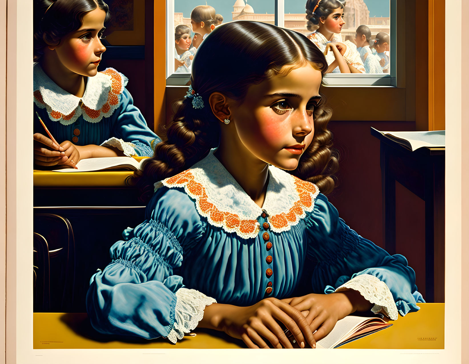 Young girl in blue and orange period dress at desk with reflection in window.