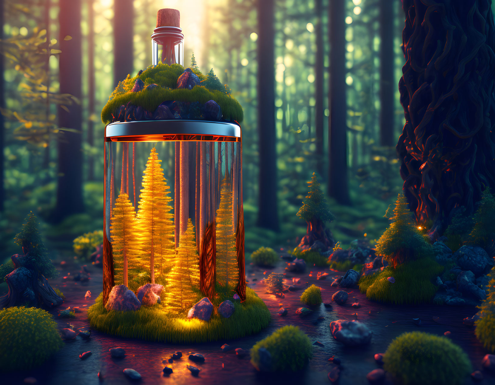 Enchanted forest scene with glowing golden landscape in glass jar