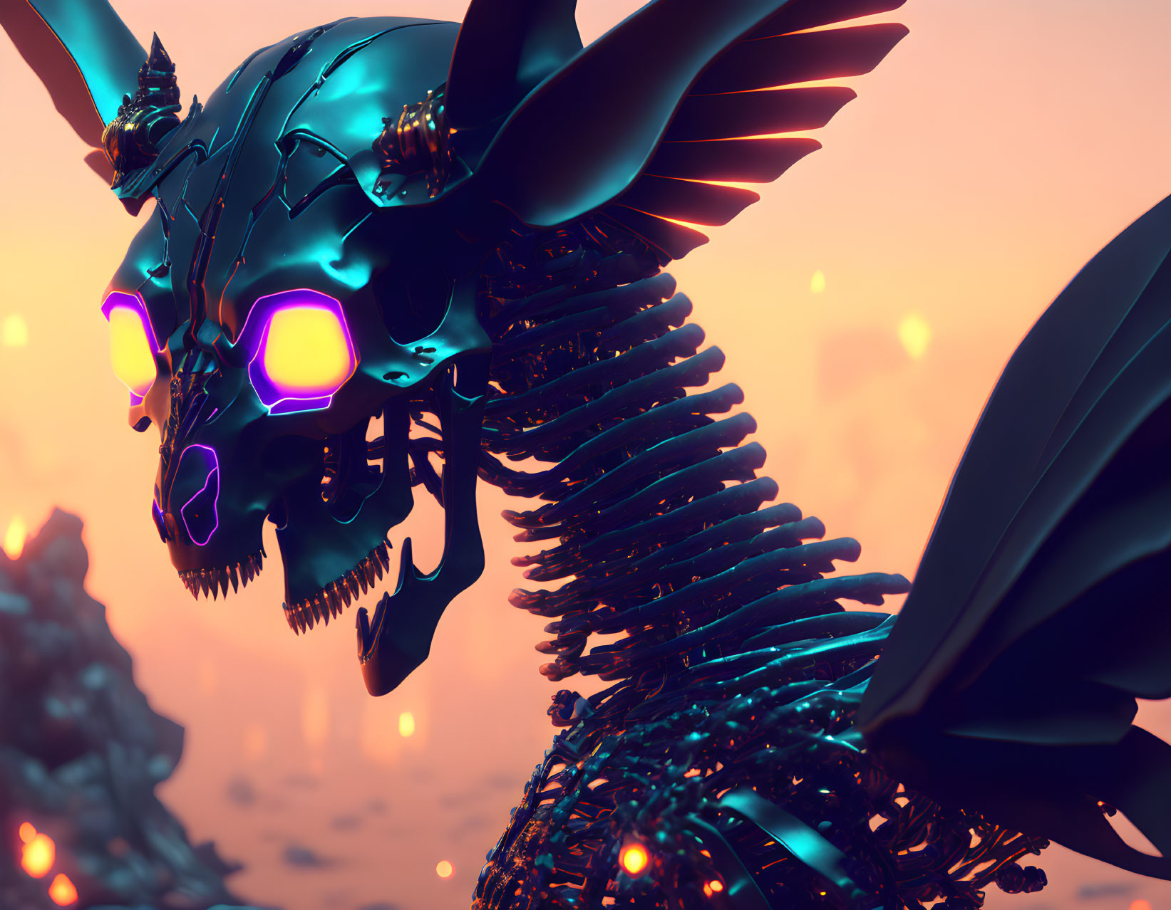 Futuristic robotic dragon with glowing purple eyes and dark wings