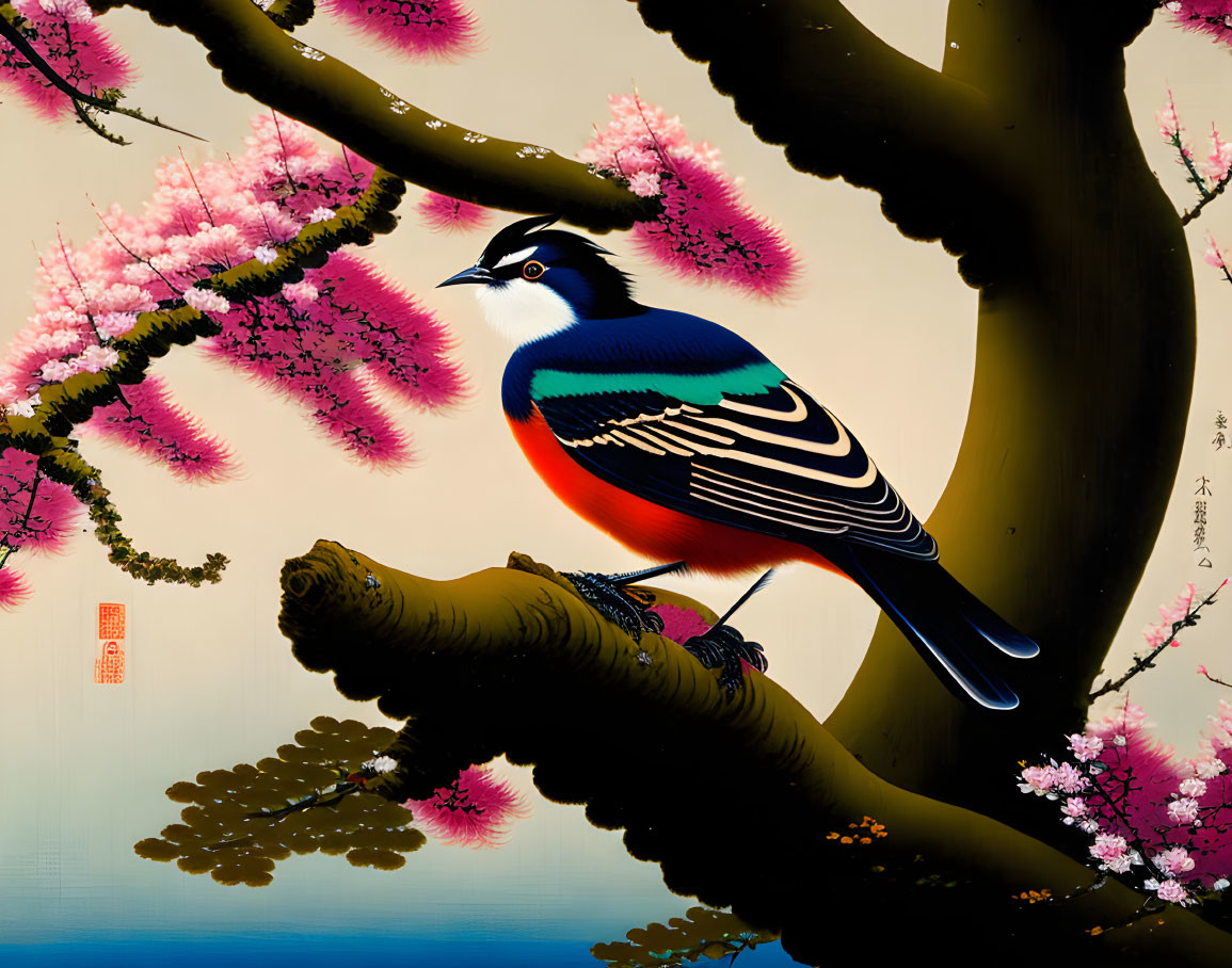 Colorful Bird on Dark Branch with Pink Cherry Blossoms