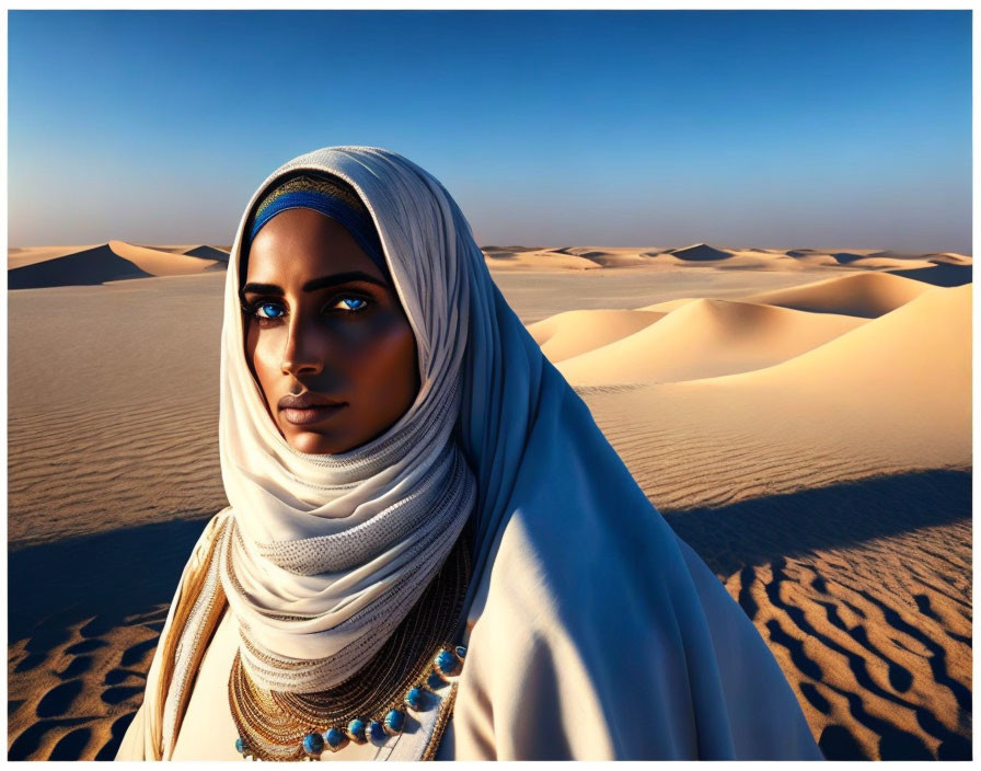 Woman in white headscarf and turquoise necklace against desert backdrop