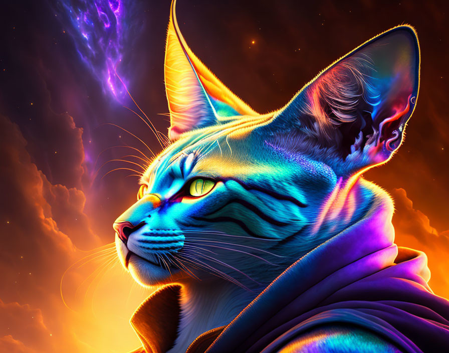 Colorful Cat Artwork with Neon Highlights on Cosmic Background