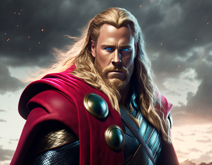 Blond-Haired Thor Illustration in Red Cape Against Stormy Sky