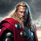 Blond-Haired Thor Illustration in Red Cape Against Stormy Sky