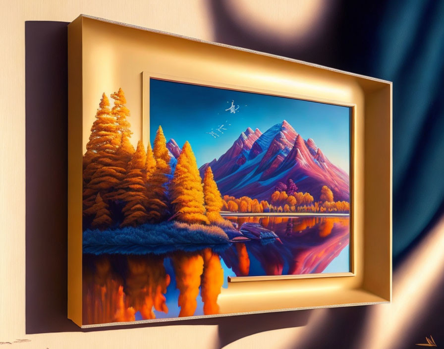 Framed painting of vibrant autumn landscape with water, pine trees, red mountains, blue sky