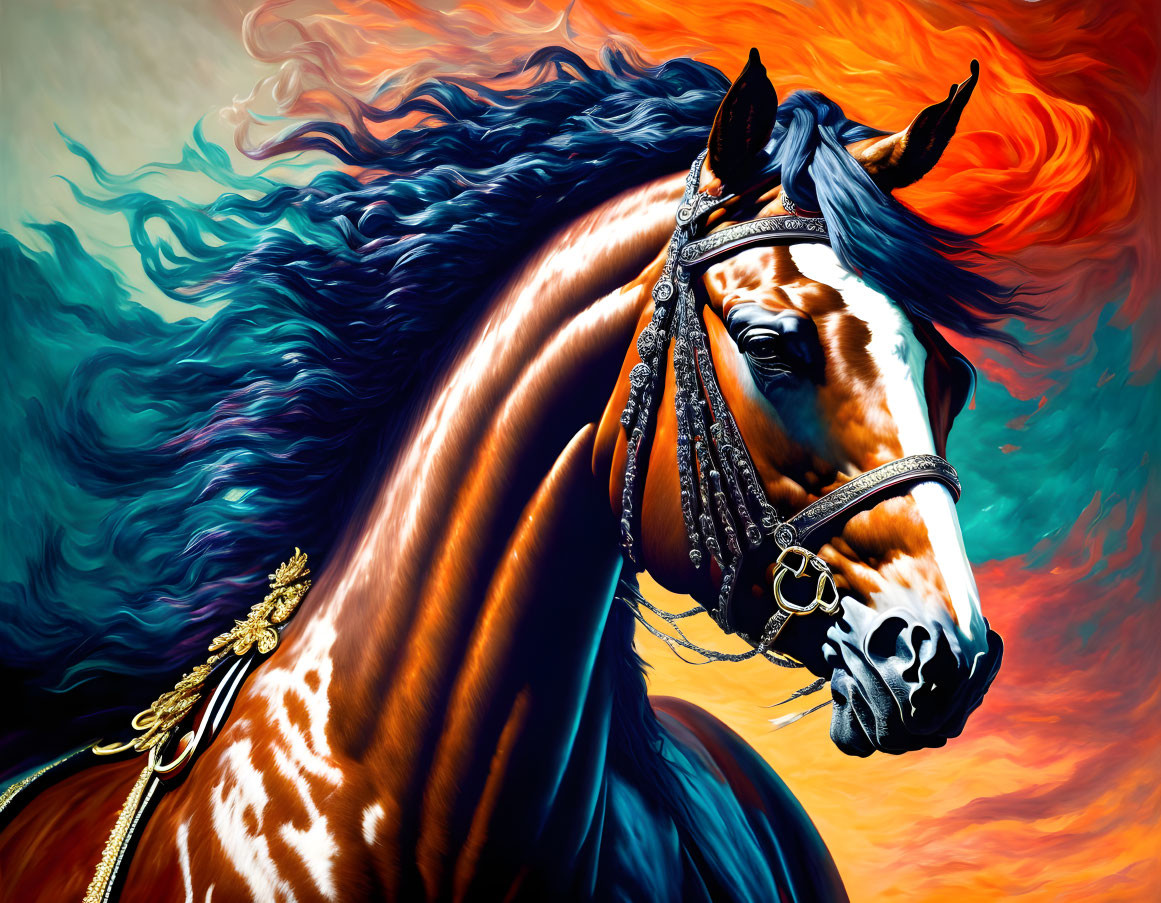 Colorful digital artwork: Horse with fiery mane and intricate bridle