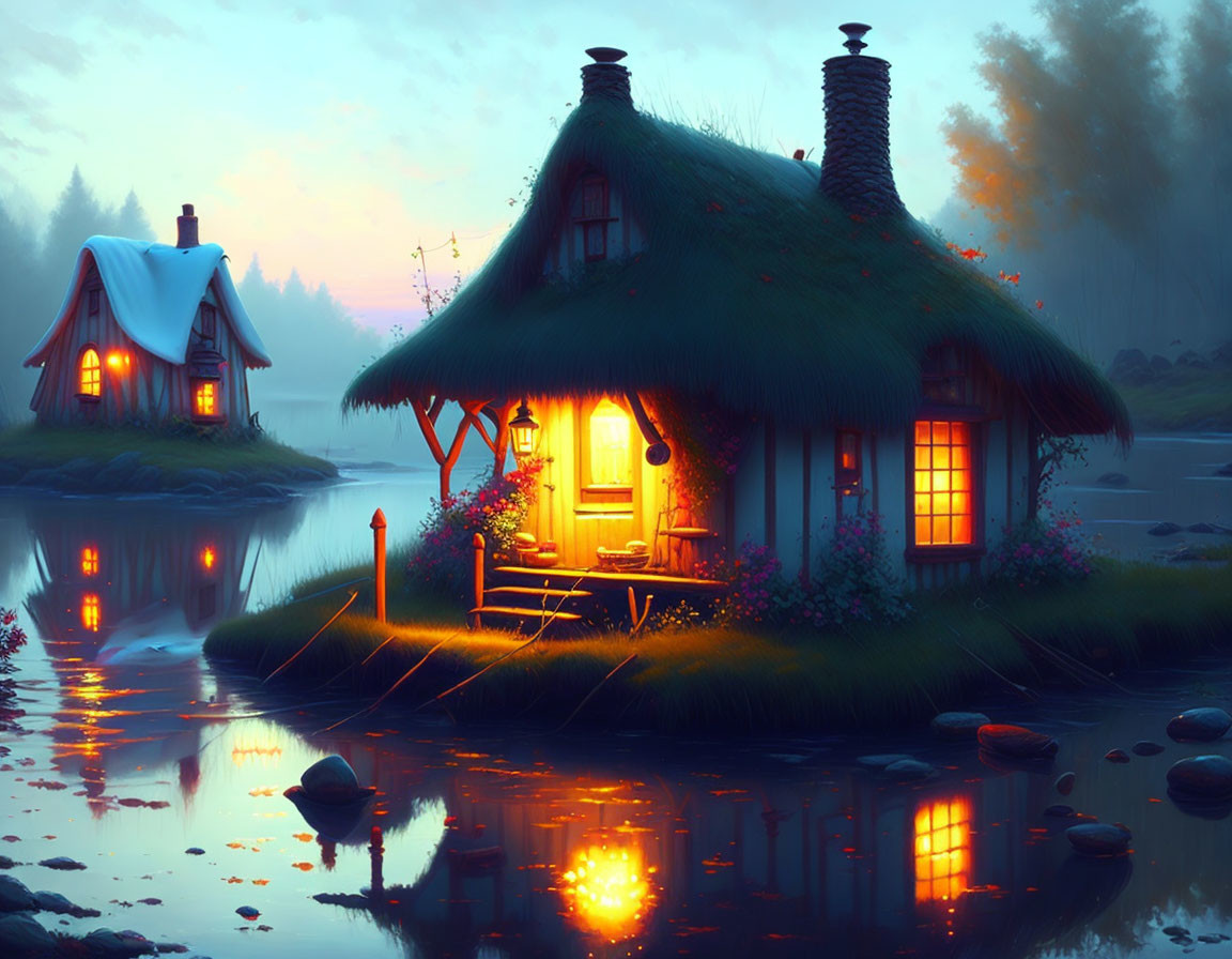 Thatched Roof Cottage by Serene Lake at Twilight