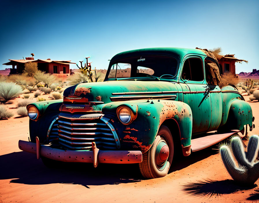 Vintage Turquoise Chevrolet Truck in Desert Landscape with Rust and Patina