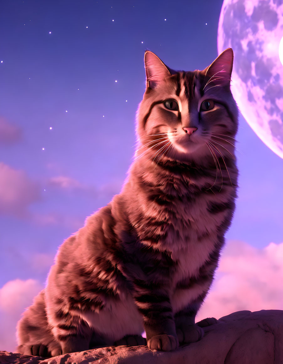 Tabby cat on rock under twilight sky with stars and large moon