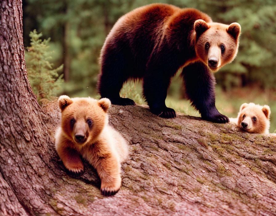 Mother Bear and Two Cubs Perched on Tree in Forest