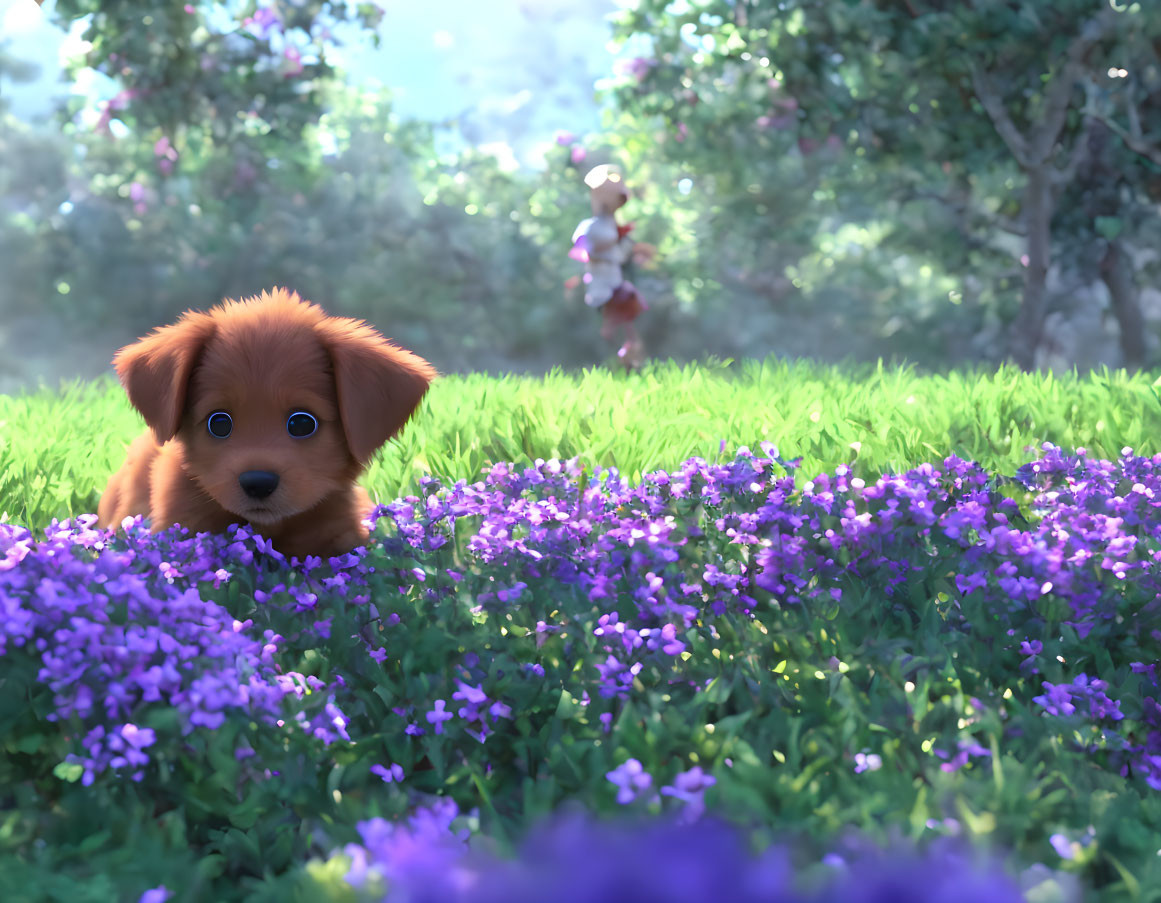 Cartoon puppy in purple flowers with blurred figure and sunlit trees