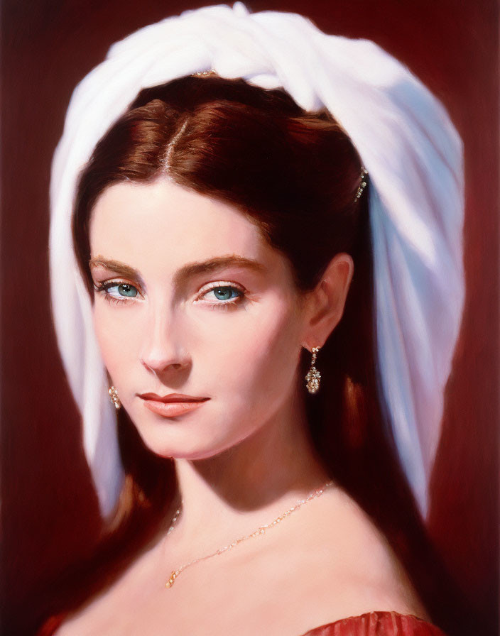 Portrait of woman with white headscarf, blue eyes, drop earrings, and red dress