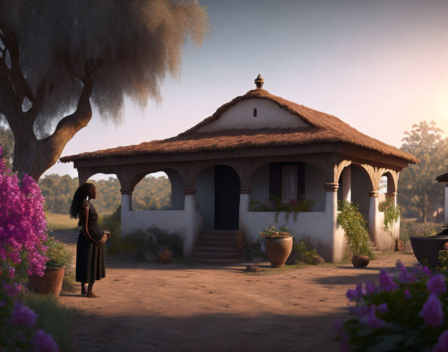 Woman near rural house with lush flowers at sunset