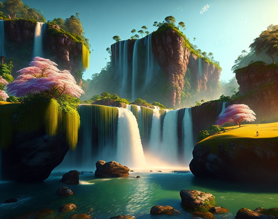 Tranquil landscape with waterfalls, greenery, blossoms, and figure under blue sky