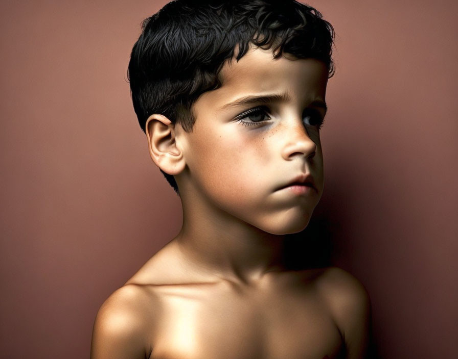 Dark-haired young boy gazes thoughtfully against warm-toned background