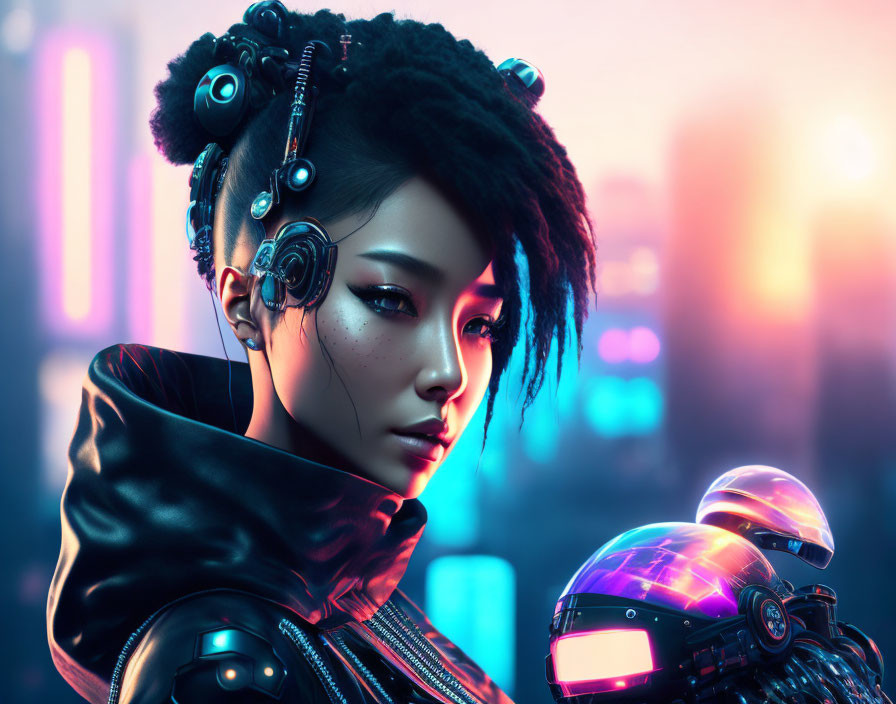 Cyberpunk character with augmented earpiece and robotic helmet in neon-lit cityscape