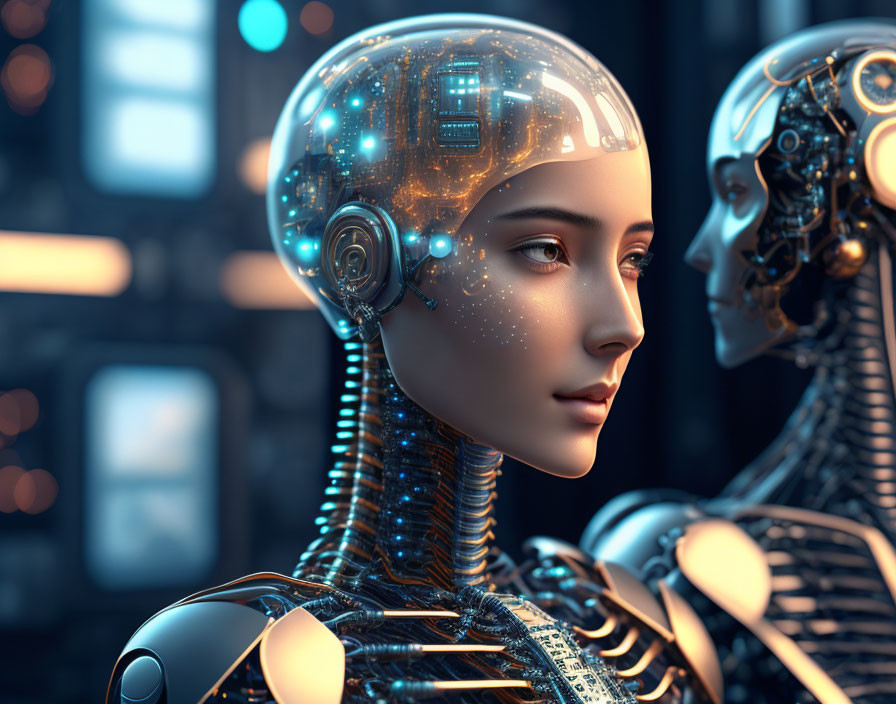 Transparent-headed humanoid robot with glowing circuits gazing at another robot