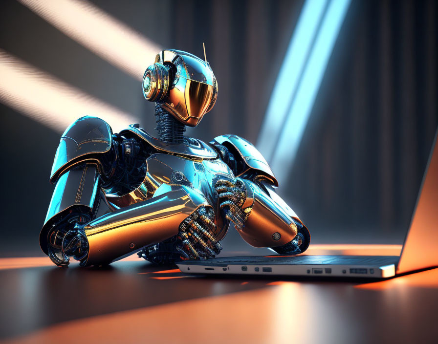 Reflective humanoid robot with golden and blue hues beside laptop