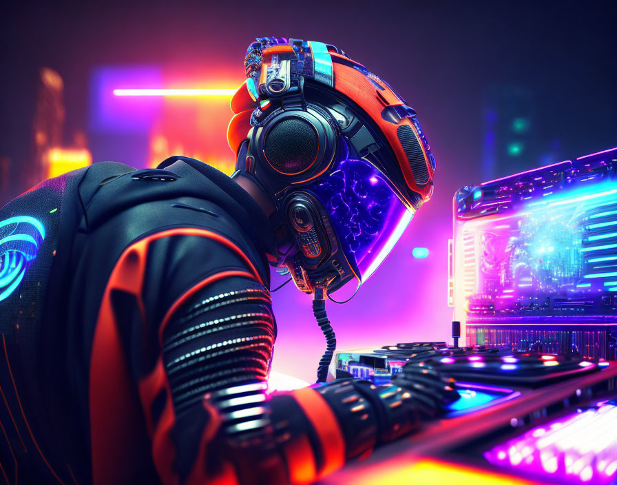 Futuristic DJ with robotic head at neon-lit turntables