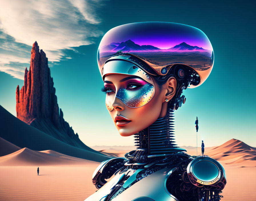 Female Android in Reflective Headpiece Amid Desert Landscape