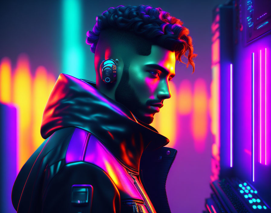 Cyberpunk-themed portrait of man with stylish haircut and headphones.