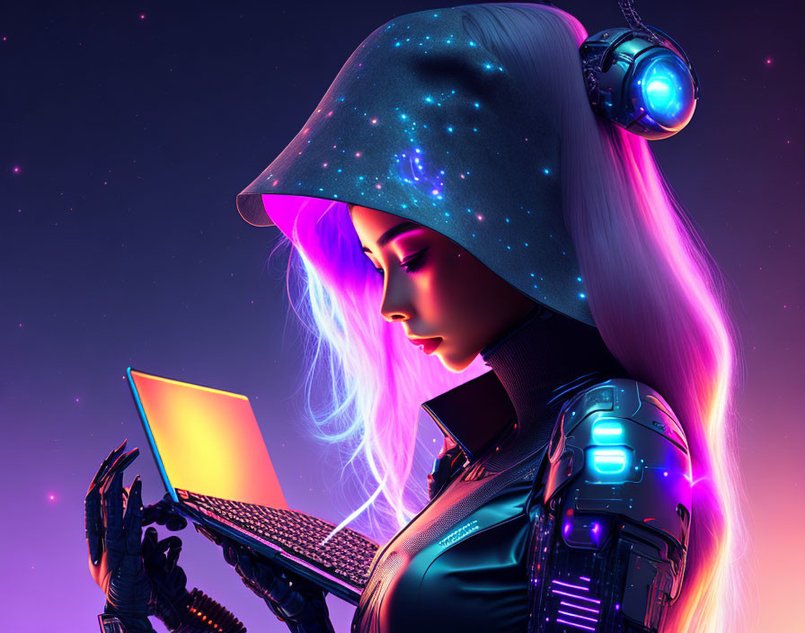 Futuristic woman with galaxy-themed helmet and cybernetic arm using laptop